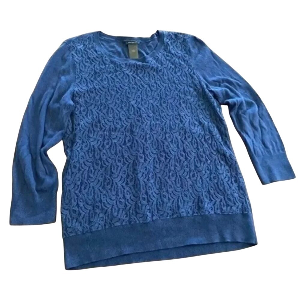 Ann Taylor Womens L Navy Blue Floral Lace Overlay Crewneck Sweater Pullover Knit